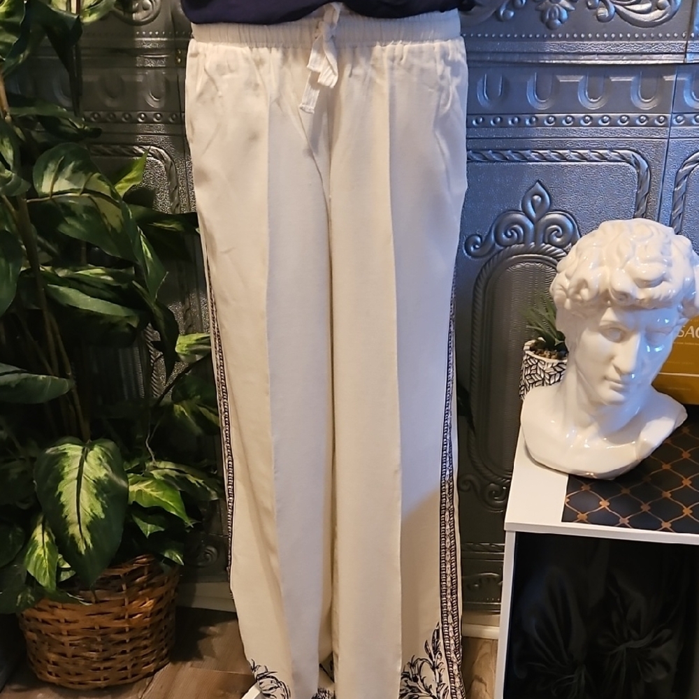 MAX STUDIO Border Print Linen Blend Pants In Ivory sz Large
